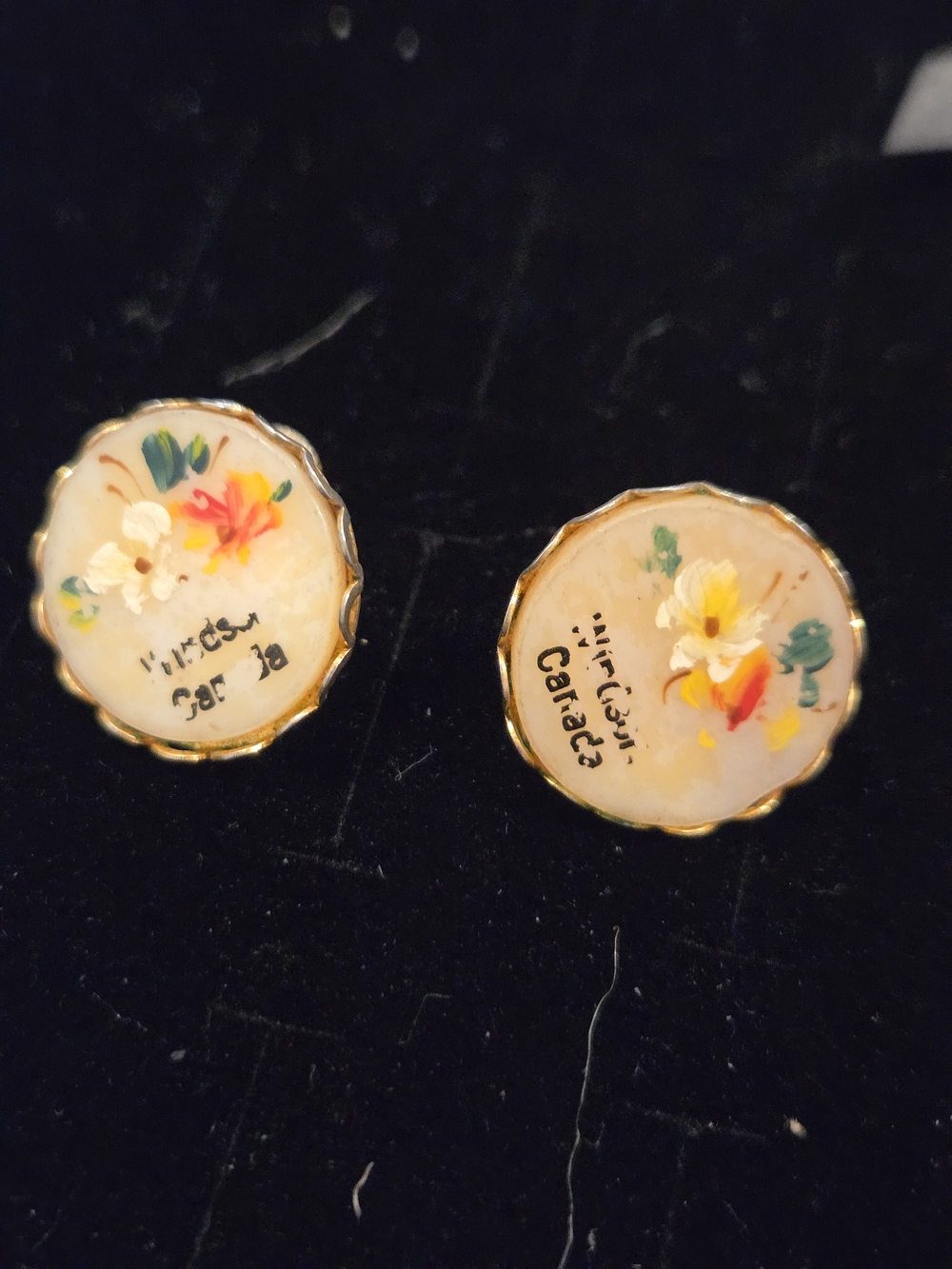 Hand-Painted Floral Round Gold Tone Earrings - Vintage Scewback